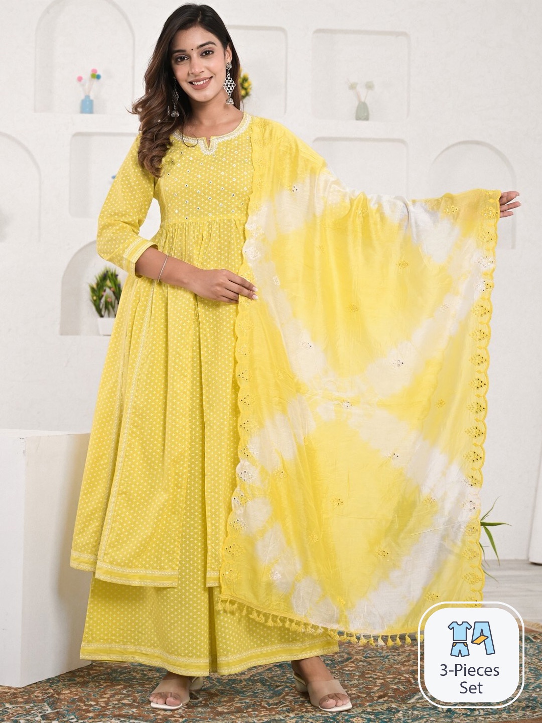 Ramas Geometric Printed Mirror Work Pure Cotton Anarkali Kurta & Palazzos With Dupatta, Yellow
Ramas Geometric Printed Mirror Work Pure Cotton Anarkali Kurta & Palazzos With Dupatta, Yellow