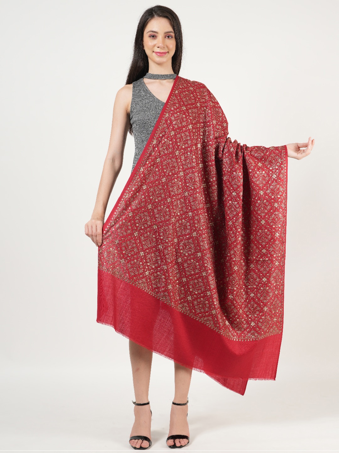 MUFFLY Embroidered Wool Shawl, Maroon