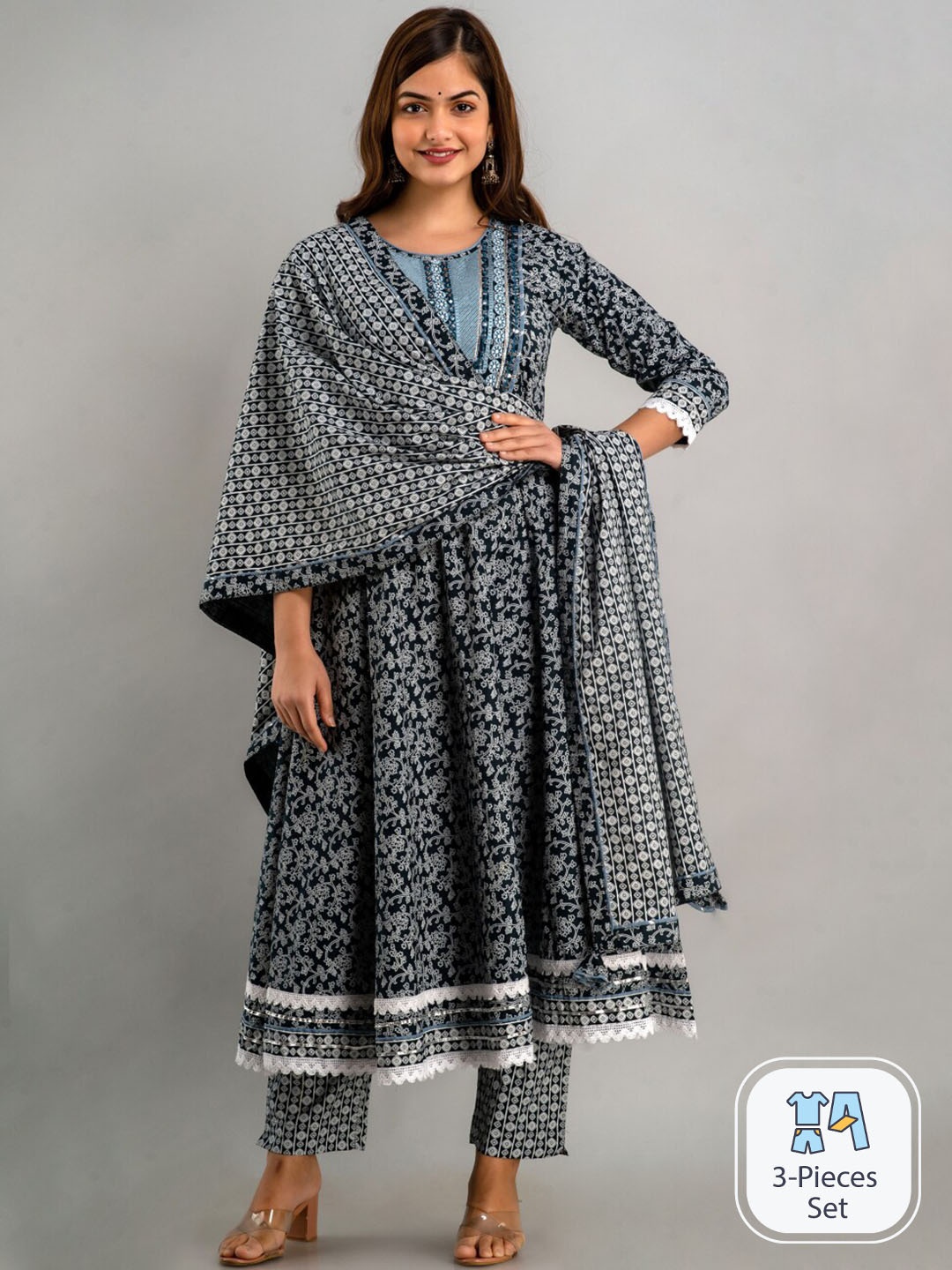 NISHABD Floral Printed Empire Gotta Patti Pure Cotton Kurta with Trousers & With Dupatta, Blue
NISHABD Floral Printed Empire Gotta Patti Pure Cotton Kurta with Trousers & With Dupatta, Blue