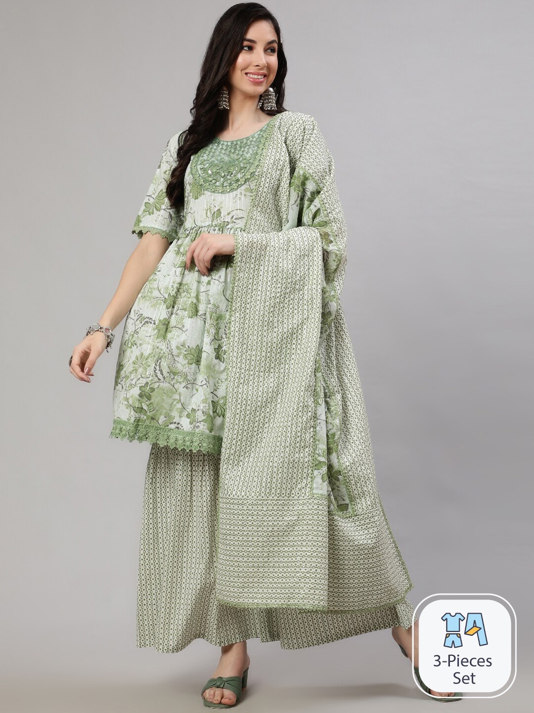 AKS Floral Printed Regular Thread Work Pure Cotton Kurta With Sharara & Dupatta, Green
AKS Floral Printed Regular Thread Work Pure Cotton Kurta With Sharara & Dupatta, Green