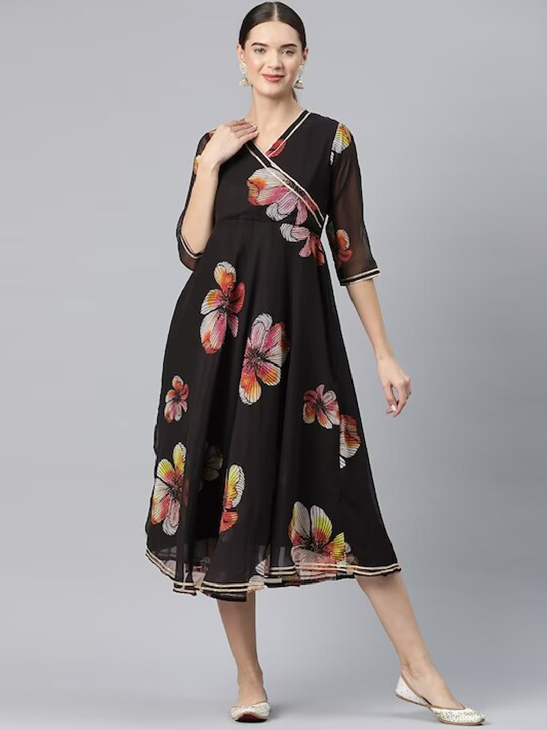 KALINI Floral Printed Gotta Patti Fit & Flare Angraka Style Midi Ethnic Dress, Black
KALINI Floral Printed Gotta Patti Fit & Flare Angraka Style Midi Ethnic Dress, Black