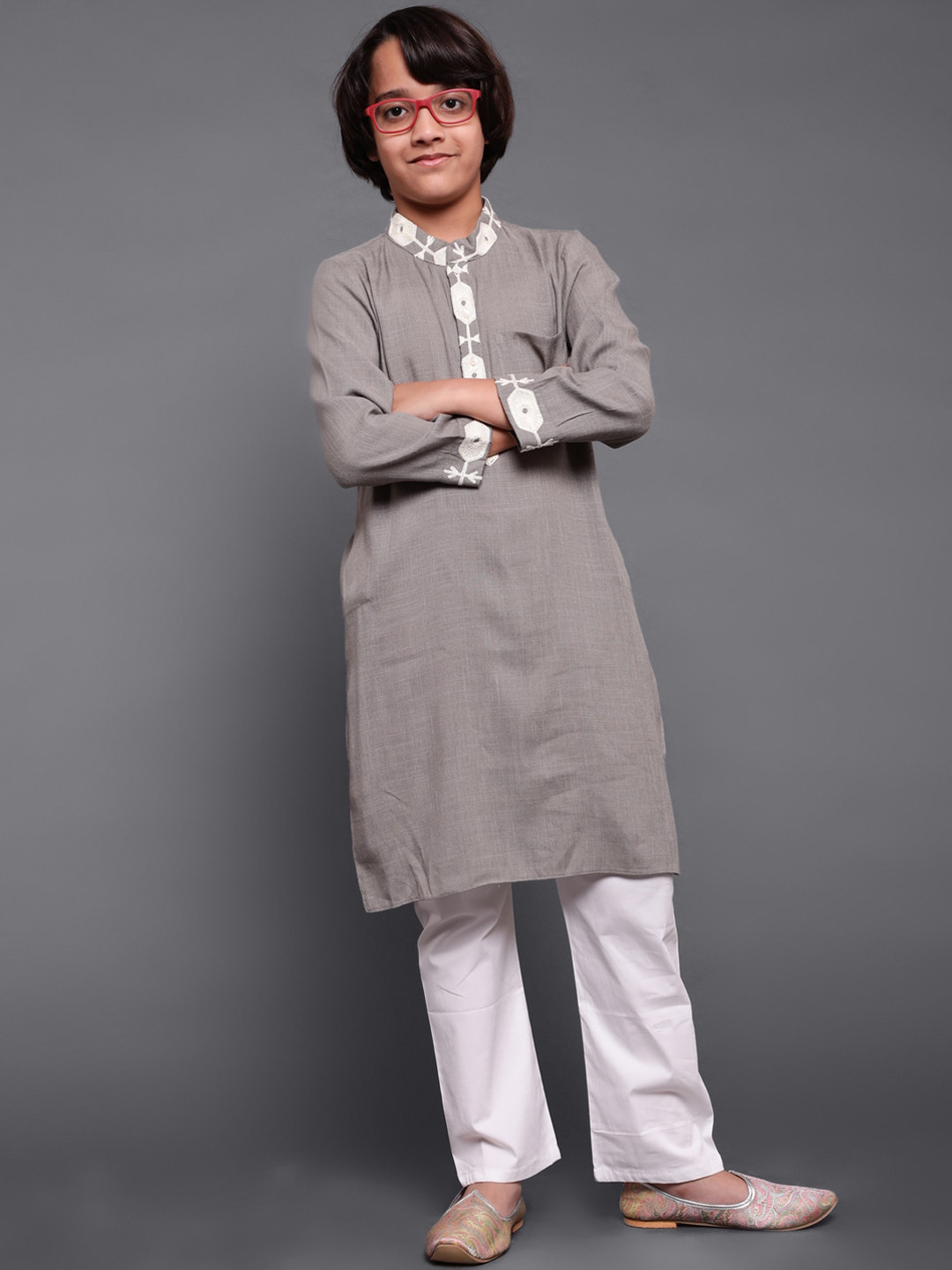 Aks Kids Boys Geometric Embroidered Thread Work Mandarin Collar Straight Kurta, Grey
Aks Kids Boys Geometric Embroidered Thread Work Mandarin Collar Straight Kurta, Grey