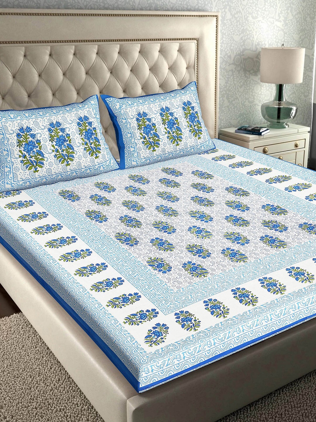 Rajasthanikart Blue & White Ethnic Motifs 110 TC Queen Bedsheet with 2 Pillow Covers
Rajasthanikart Blue & White Ethnic Motifs 110 TC Queen Bedsheet with 2 Pillow Covers