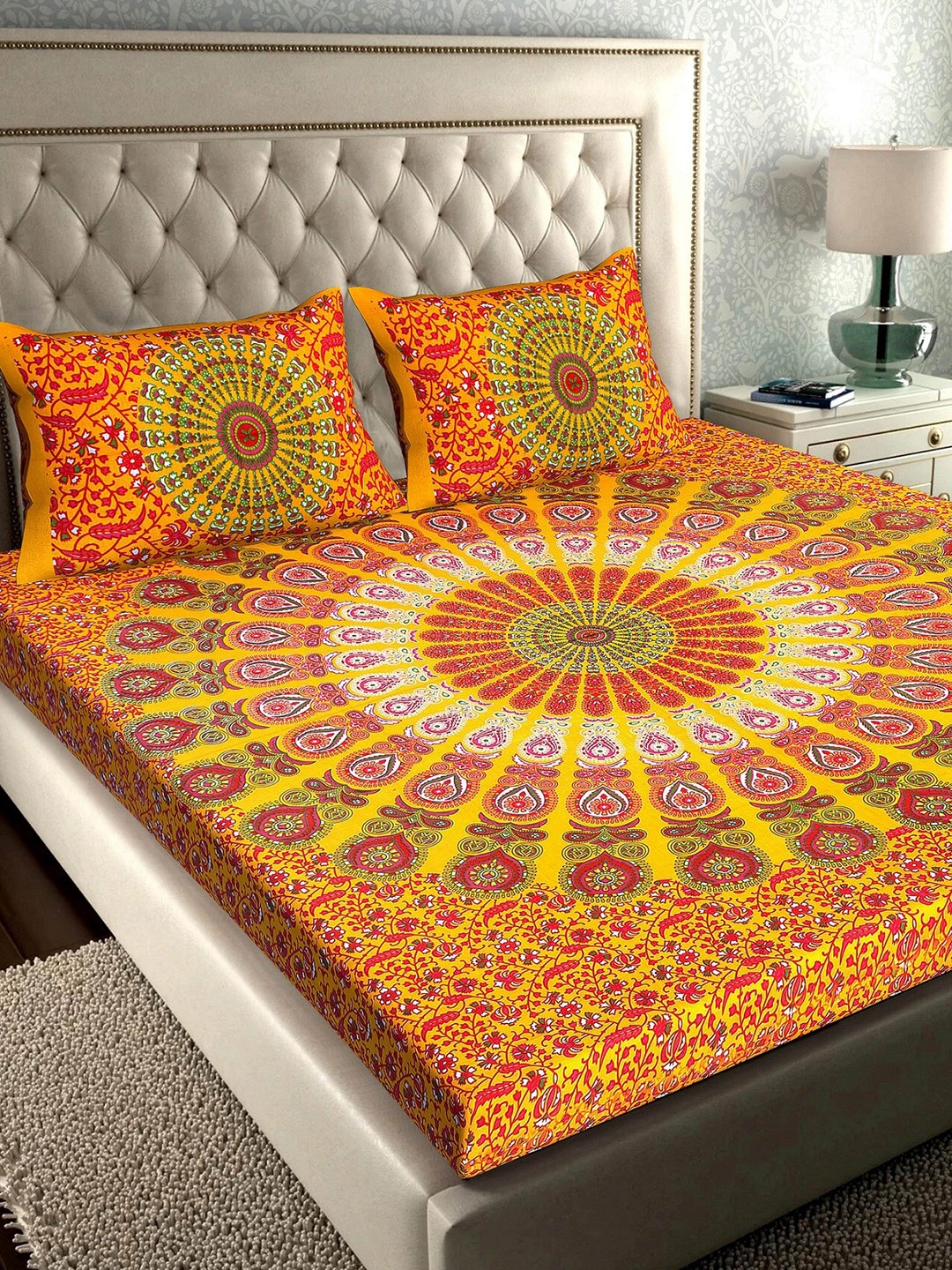 Rajasthanikart Yellow & Green Ethnic Motifs 110 TC Queen Bedsheet with 2 Pillow Covers
Rajasthanikart Yellow & Green Ethnic Motifs 110 TC Queen Bedsheet with 2 Pillow Covers