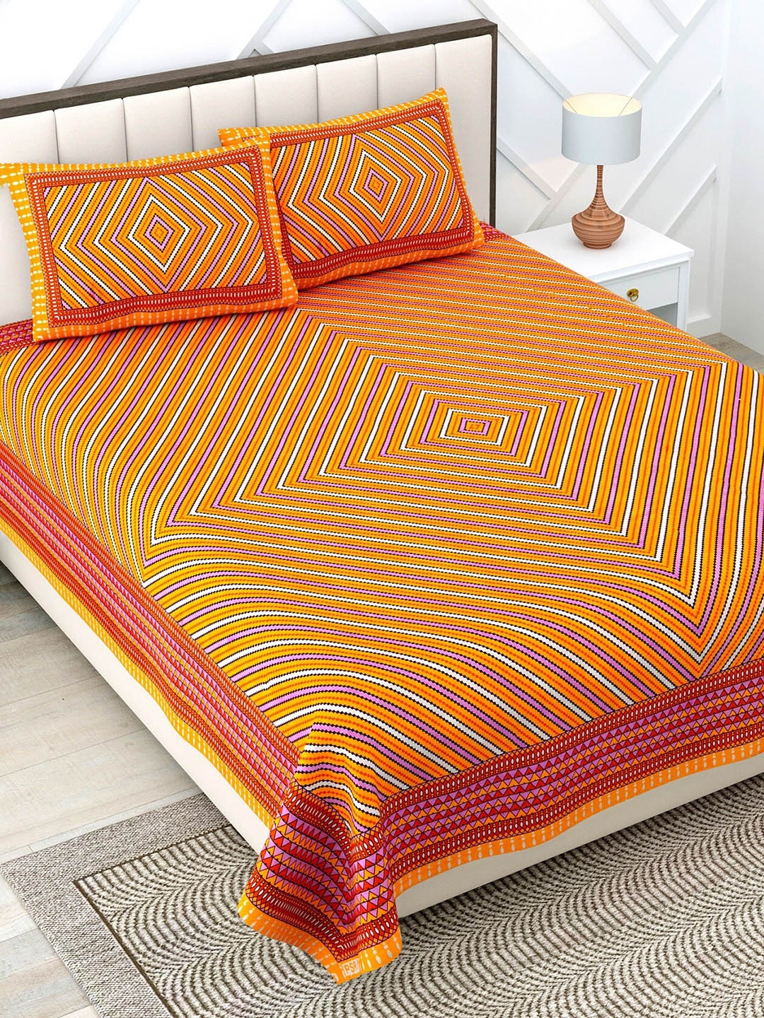 Rajasthanikart Orange & White Geometric Cotton 110 TC Queen Bedsheet With 2 Pillow Covers
Rajasthanikart Orange & White Geometric Cotton 110 TC Queen Bedsheet With 2 Pillow Covers