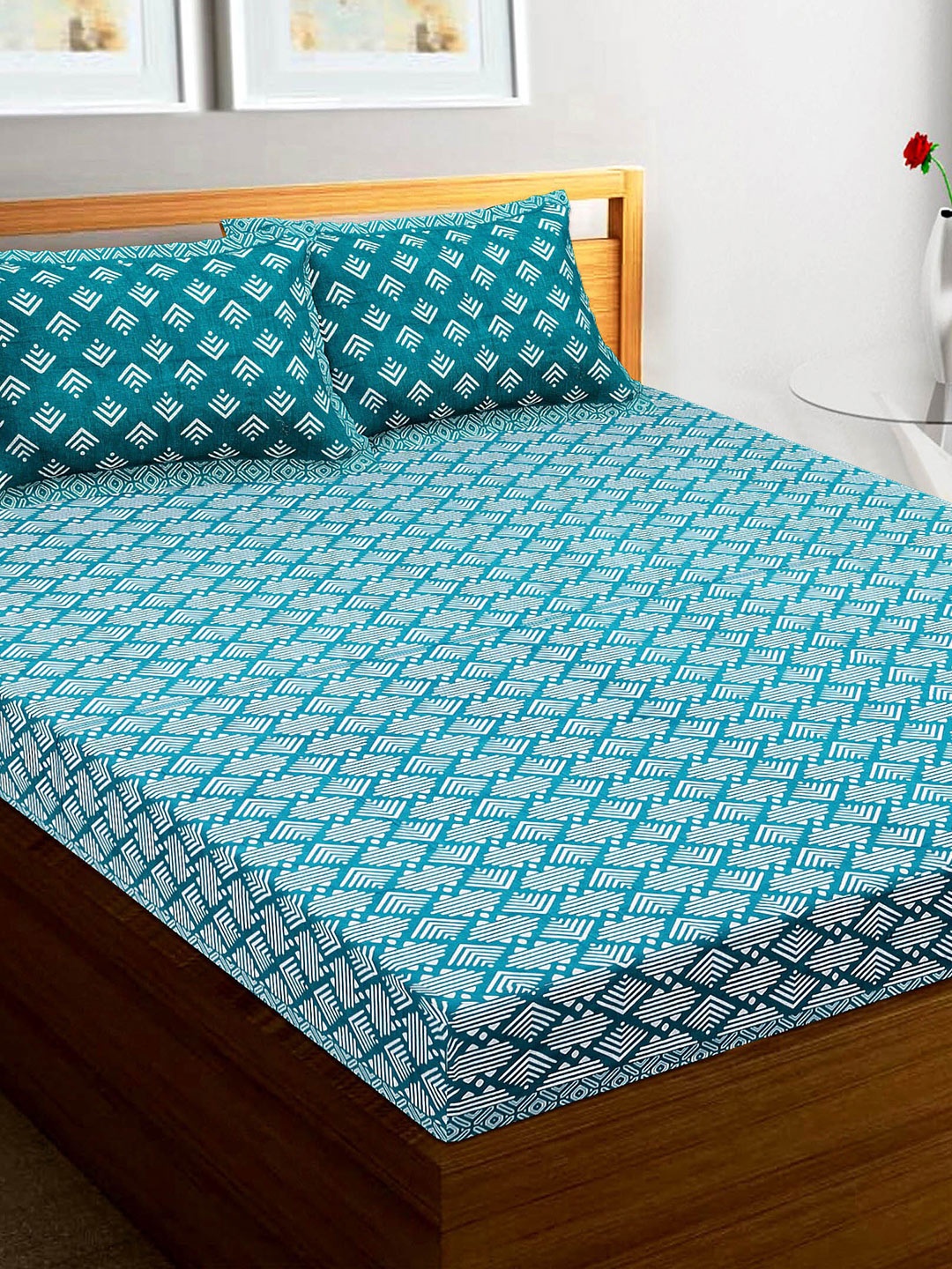 Rajasthanikart Blue & White Geometric 110 TC Queen Bedsheet with 2 Pillow Covers
Rajasthanikart Blue & White Geometric 110 TC Queen Bedsheet with 2 Pillow Covers