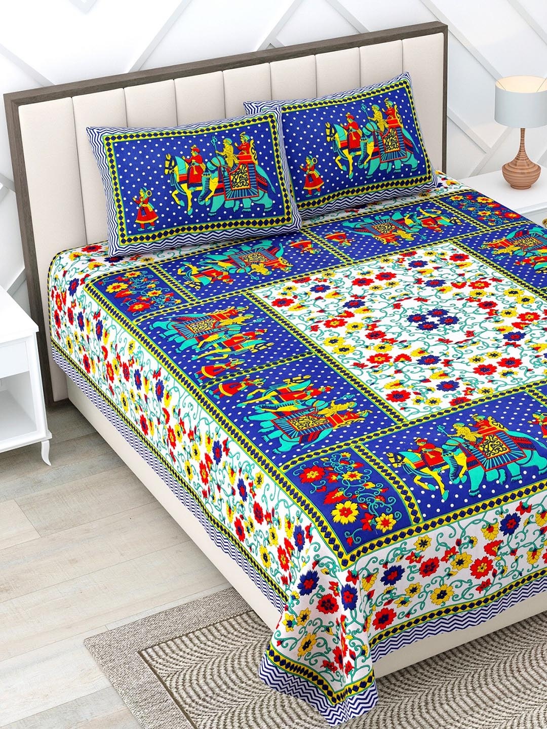 Rajasthanikart Blue & White Ethnic Motifs Cotton 110 TC Queen Bedsheet & 2 Pillow Covers
Rajasthanikart Blue & White Ethnic Motifs Cotton 110 TC Queen Bedsheet & 2 Pillow Covers