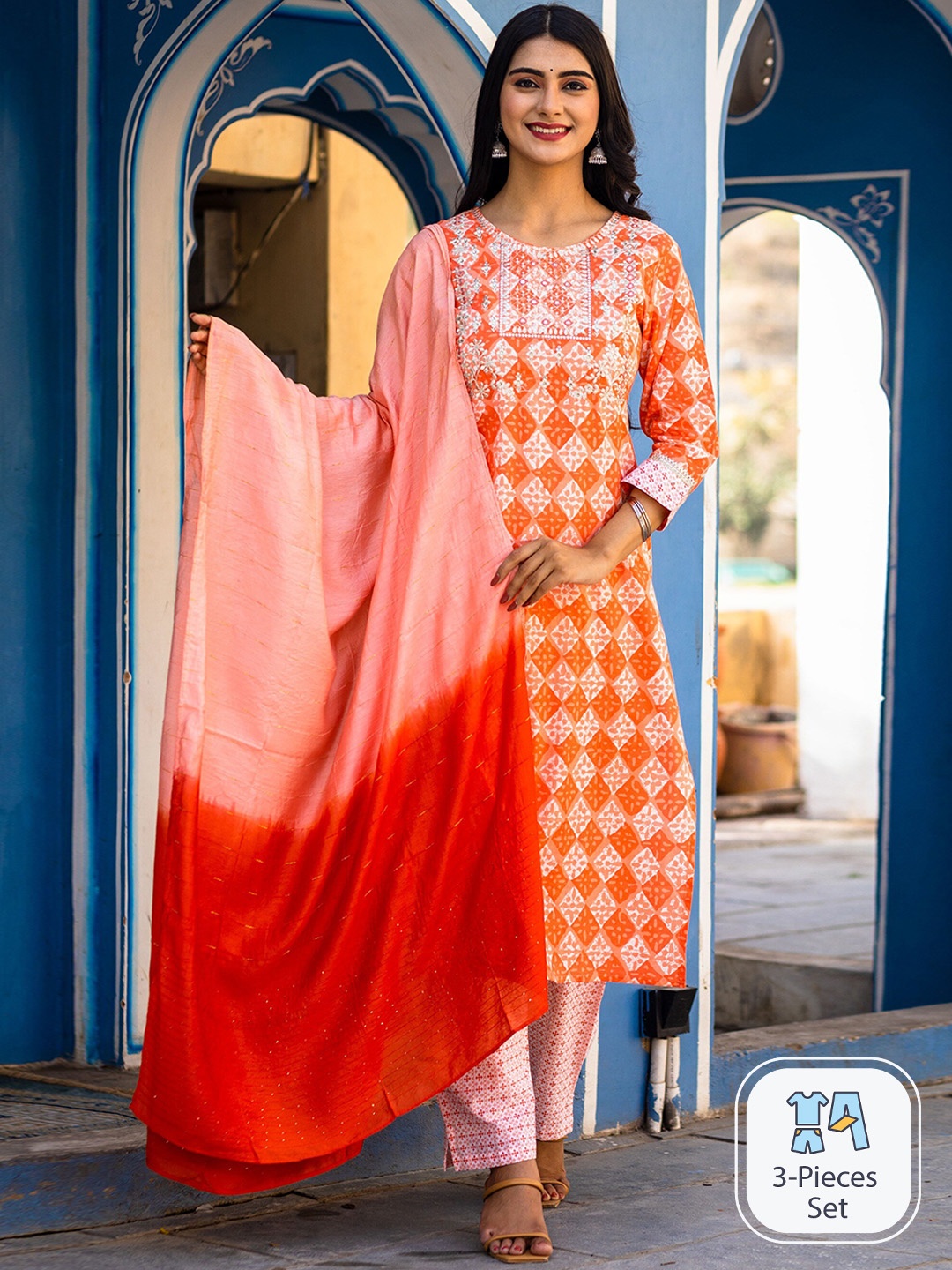 misbis Geometric Printed Thread Work Pure Cotton Kurta with Trousers & With Dupatta, Orange
misbis Geometric Printed Thread Work Pure Cotton Kurta with Trousers & With Dupatta, Orange