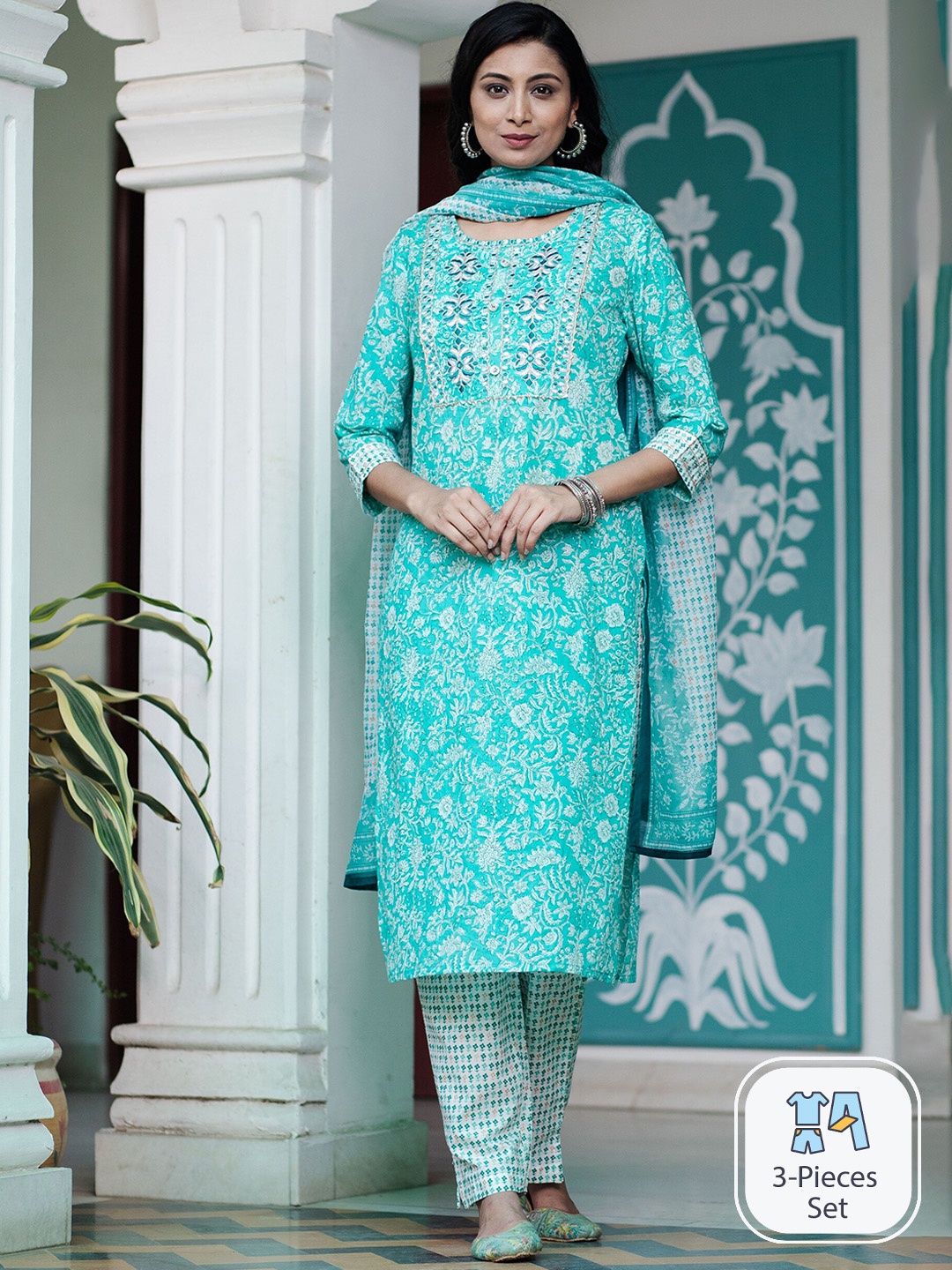 misbis Floral Printed Regular Thread Work Pure Cotton Kurta with Trousers & With Dupatta, Turquoise blue
misbis Floral Printed Regular Thread Work Pure Cotton Kurta with Trousers & With Dupatta, Turquoise blue
