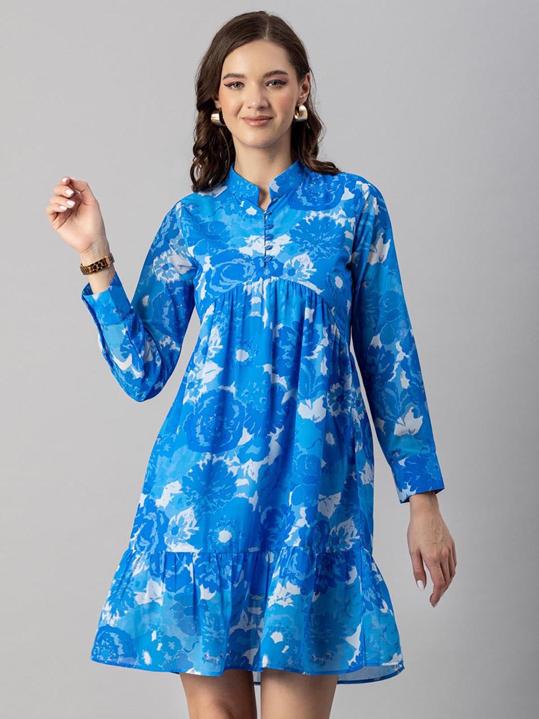 Moomaya Floral Printed Mandarin Collar Cuffed Sleeve Gathered Georgette Empire Dress, Blue
Moomaya Floral Printed Mandarin Collar Cuffed Sleeve Gathered Georgette Empire Dress, Blue