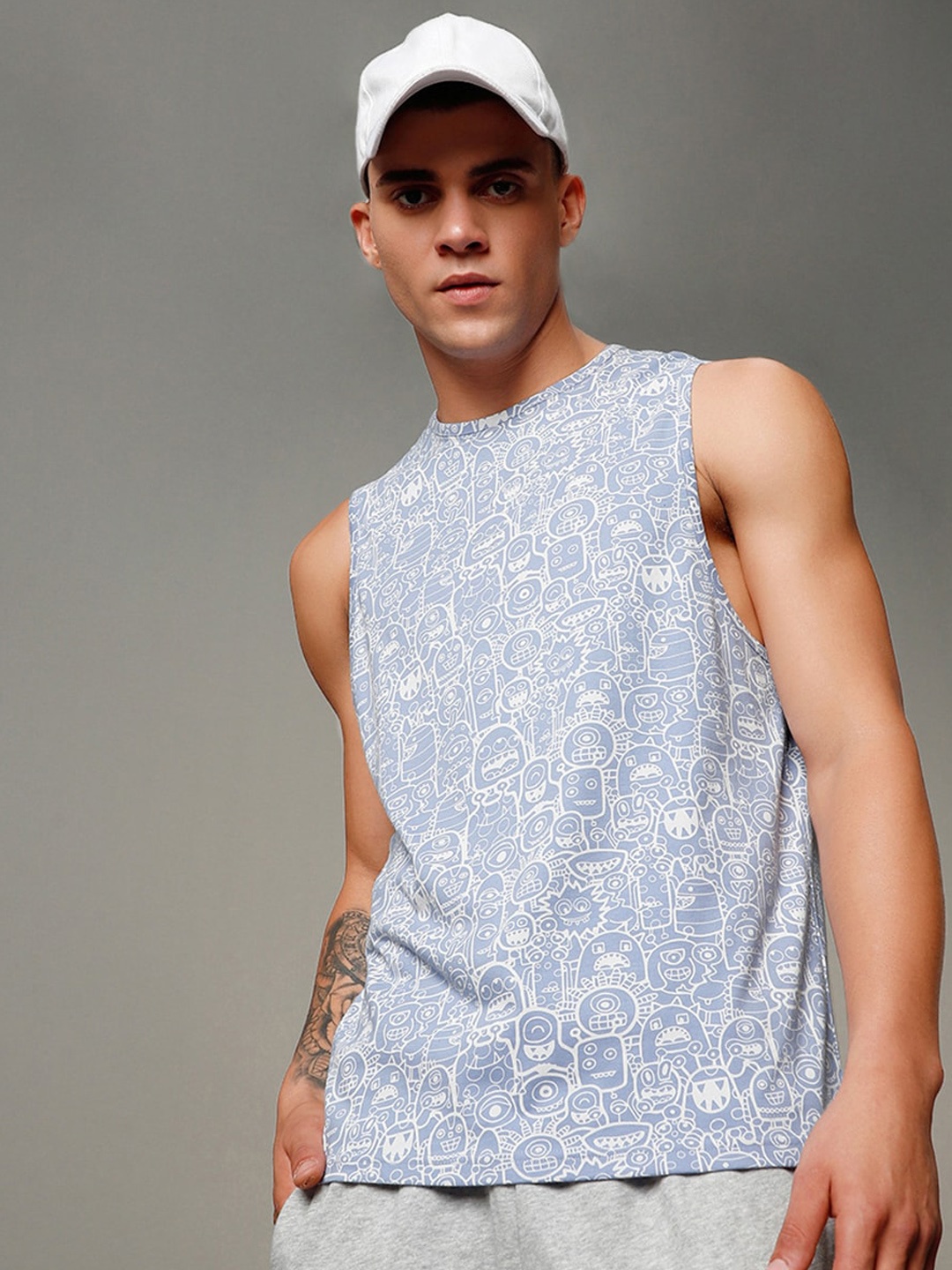 Bewakoof Blue Printed Pure Cotton Gym Vest