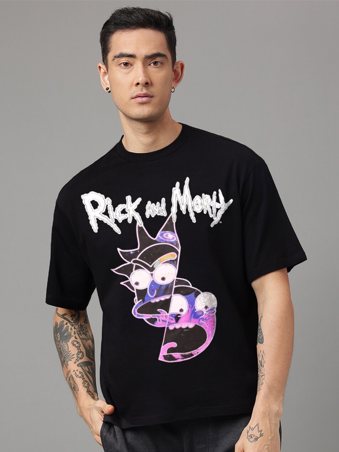 Kids Ville Rick & Morty Printed Oversized Pure-Cotton T-Shirts, Black
