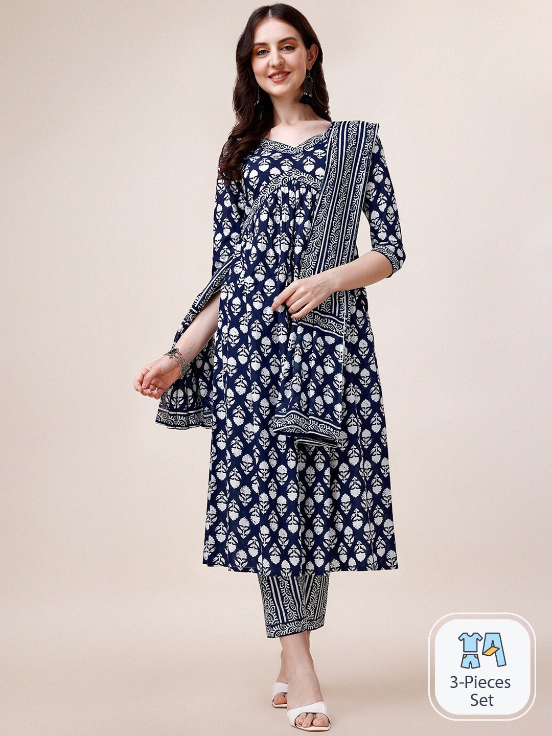 KALINI Ethnic Motifs Printed V-Neck Pure Cotton A-Line Kurta & Trousers With Dupatta, Blue
KALINI Ethnic Motifs Printed V-Neck Pure Cotton A-Line Kurta & Trousers With Dupatta, Blue