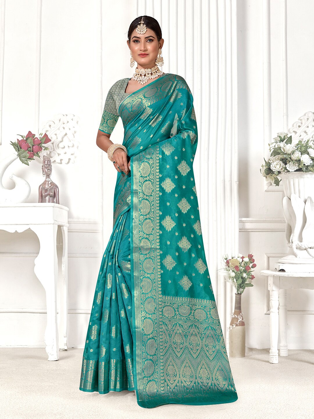 Anouk Woven Design Zari Saree, Turquoise blue