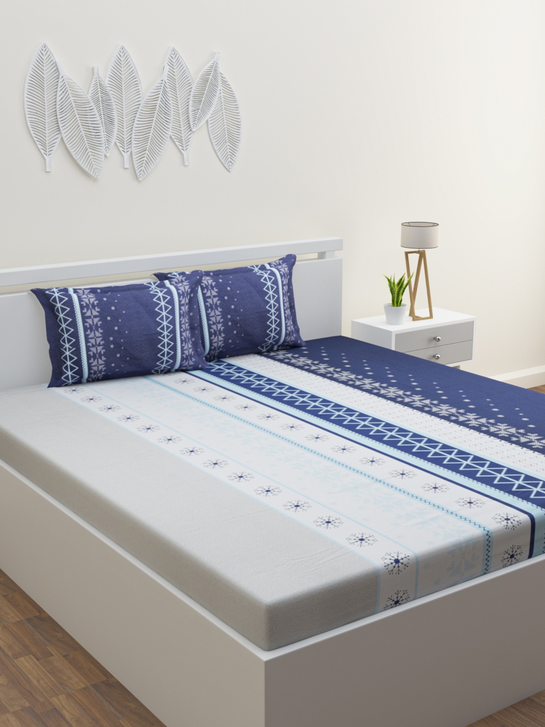 HOME AFFAIRS White & Blue Geometric Pure Cotton 210 TC King Bedsheet With 2 Pillow Covers
HOME AFFAIRS White & Blue Geometric Pure Cotton 210 TC King Bedsheet With 2 Pillow Covers