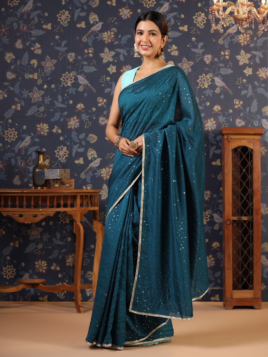 House of Pataudi Embellished Beads And Stones Sarees, Blue