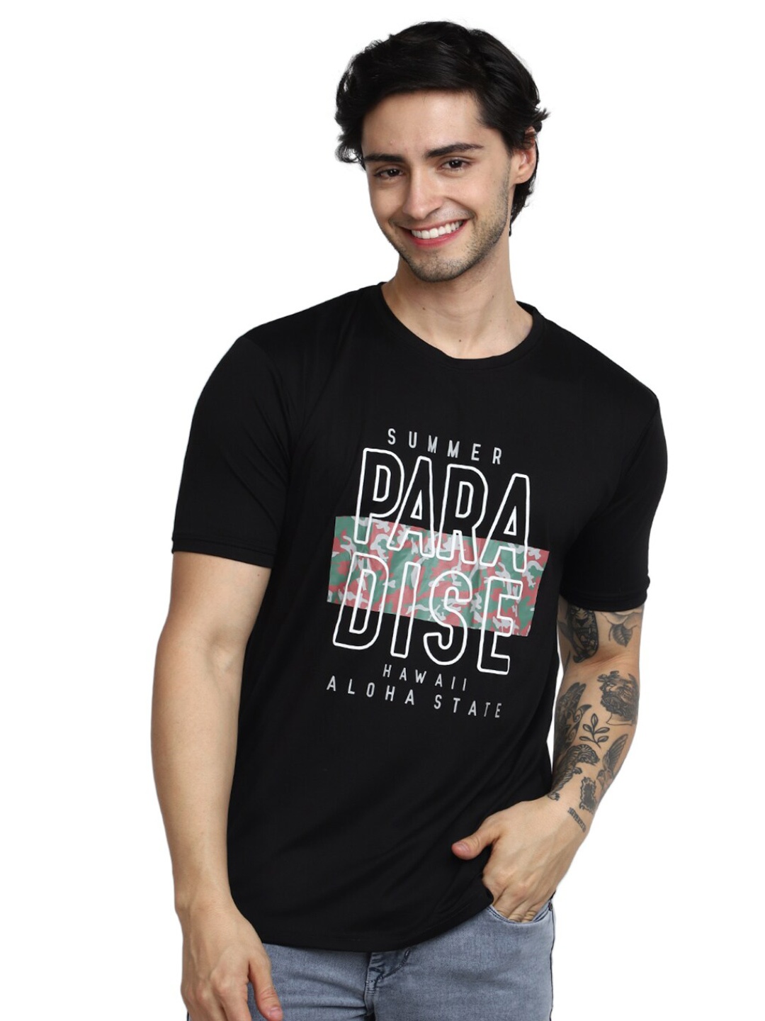 V-Mart Typography Printed Slim Fit Cotton Regular T-shirt, Black