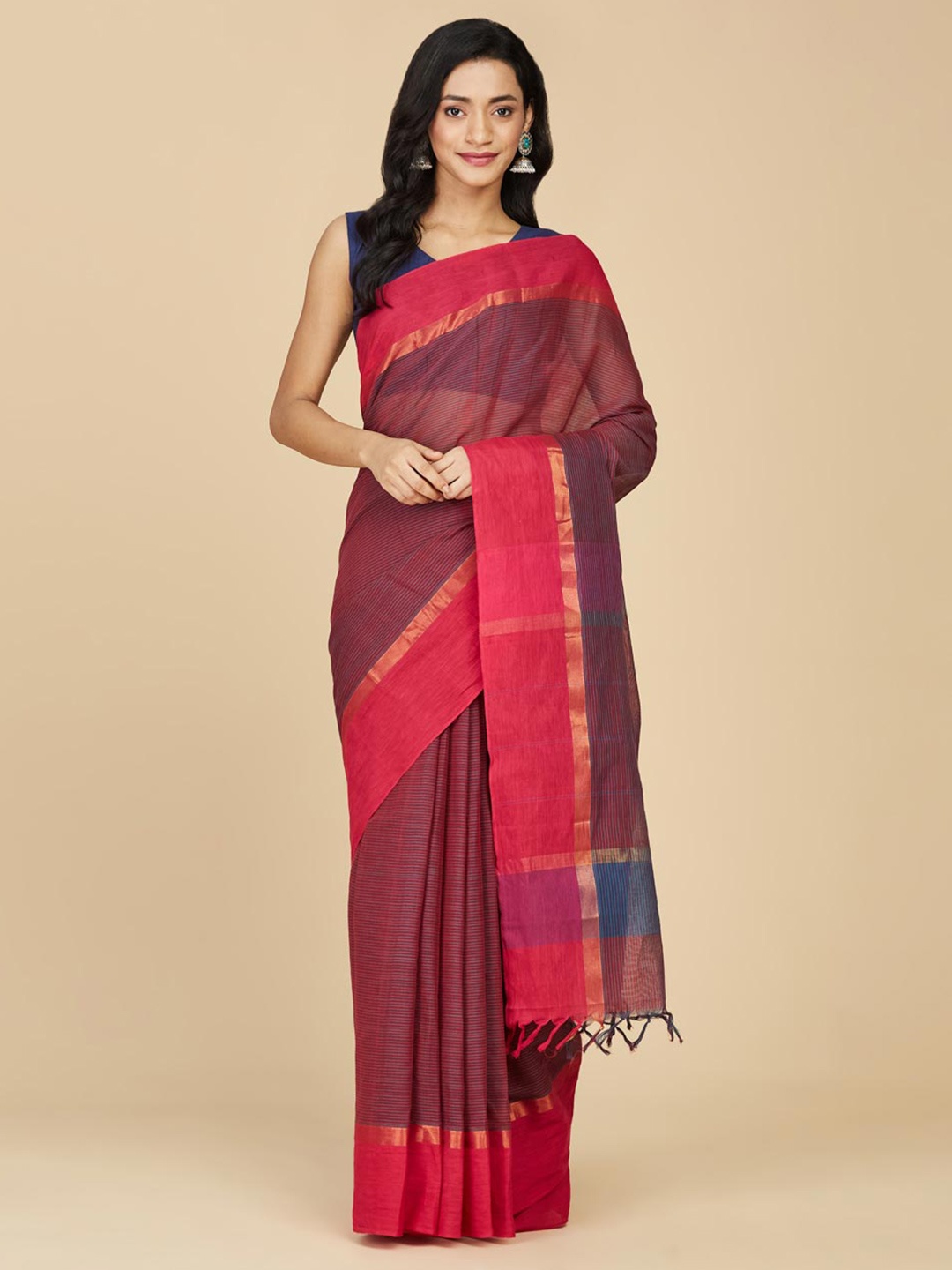 Fabindia Striped Zari Pure Cotton Saree, Pink