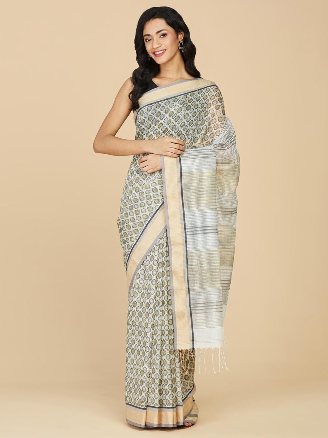Fabindia Geometric Block Printed Zari Saree, White