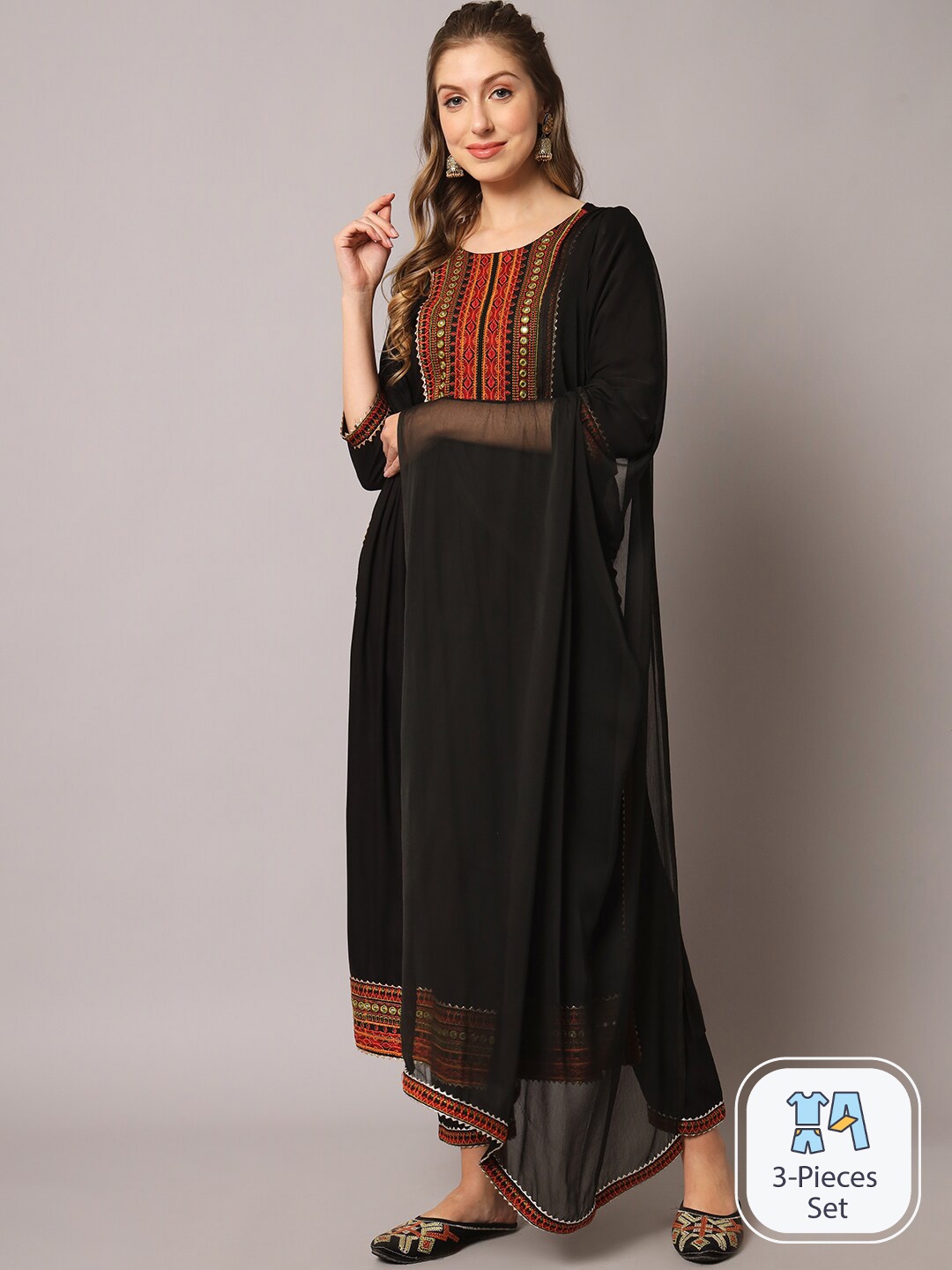 KALINI Ethnic Motifs Yoke Design Mirror Work Pleated Kurta & Trousers With Dupatta, Black
KALINI Ethnic Motifs Yoke Design Mirror Work Pleated Kurta & Trousers With Dupatta, Black