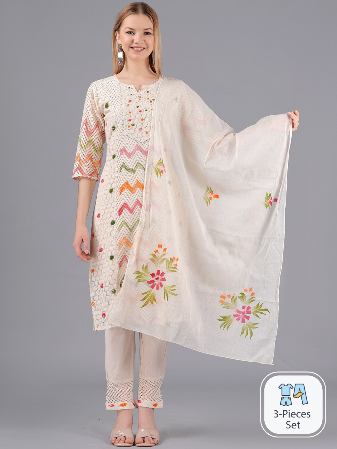 KPF Ethnic Motifs Printed Gotta Patti Pure Cotton Kurta with Trousers & Dupatta, Cream
KPF Ethnic Motifs Printed Gotta Patti Pure Cotton Kurta with Trousers & Dupatta, Cream
