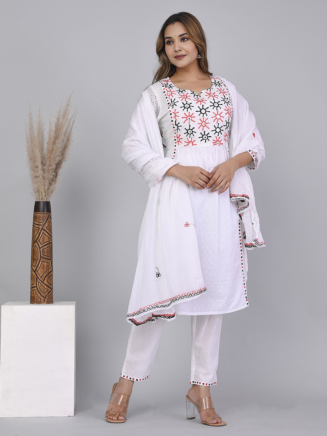 KPF Ethnic Motifs Embroidered Mirror Work Pure Cotton Kurta with Trousers & Dupatta, White
KPF Ethnic Motifs Embroidered Mirror Work Pure Cotton Kurta with Trousers & Dupatta, White