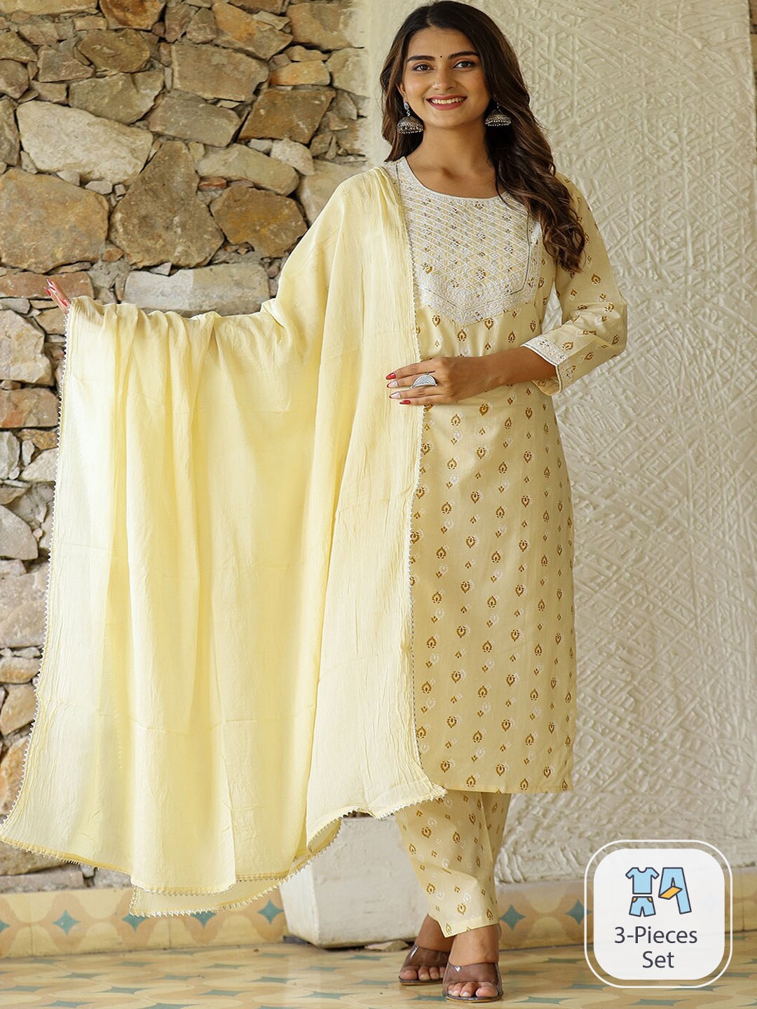 KALINI Ethnic Motifs Printed Regular Thread Work Pure Cotton Kurta With Trousers & Dupatta, Cream
KALINI Ethnic Motifs Printed Regular Thread Work Pure Cotton Kurta With Trousers & Dupatta, Cream
