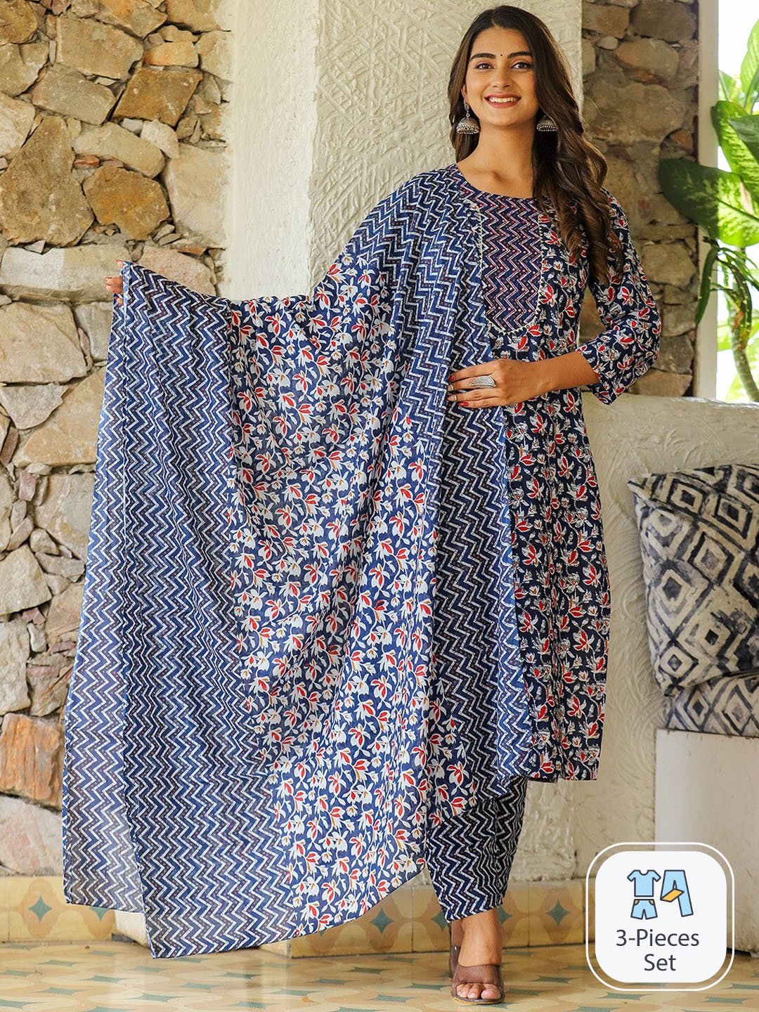 KALINI Ethnic Motifs Printed Regular Sequinned Pure Cotton Kurta With Trousers & Dupatta, Blue
KALINI Ethnic Motifs Printed Regular Sequinned Pure Cotton Kurta With Trousers & Dupatta, Blue