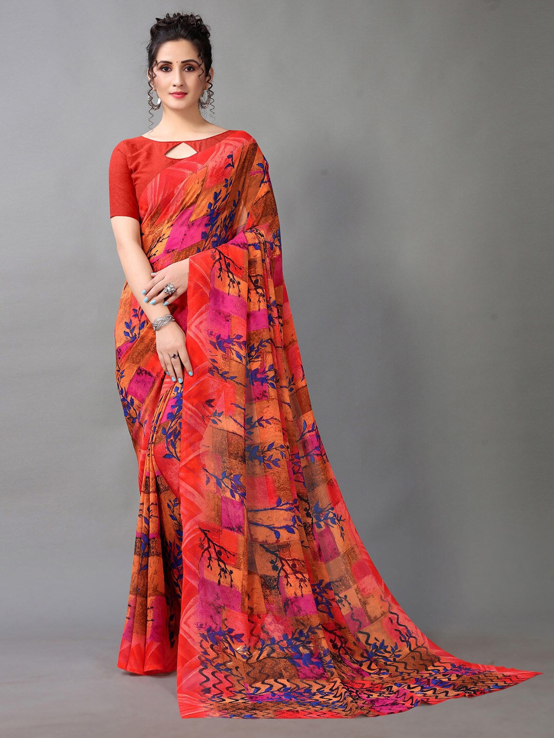 HRITIKA Geometric Printed Pure Georgette Saree, Red
