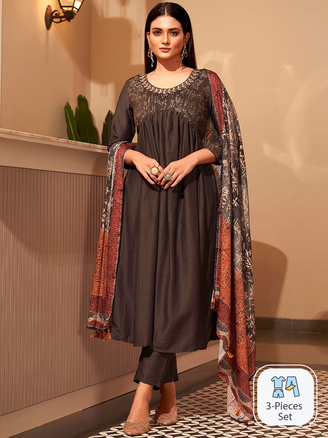 Tikhi Imli Yoke Design Empire Sequinned Anarkali Kurta With Trousers & Dupatta, Charcoal
Tikhi Imli Yoke Design Empire Sequinned Anarkali Kurta With Trousers & Dupatta, Charcoal