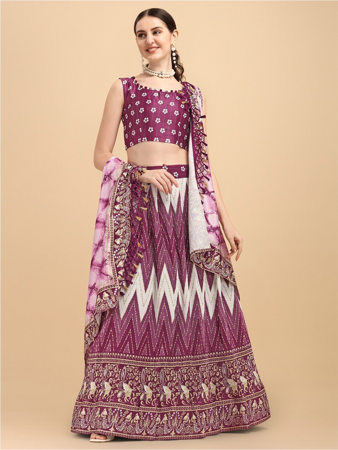 KALINI Ethnic Motifs Printed Satin Semi-Stitched Lehenga & Unstitched Blouse With Dupatta, Purple
KALINI Ethnic Motifs Printed Satin Semi-Stitched Lehenga & Unstitched Blouse With Dupatta, Purple