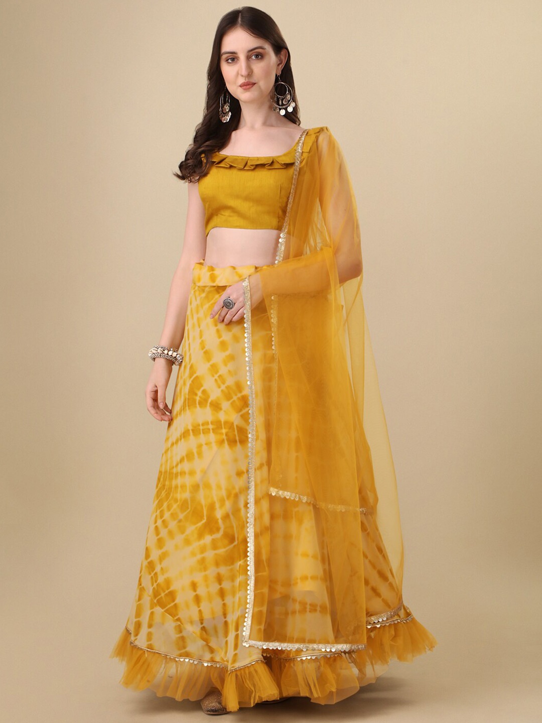 KALINI Tie And Dye Printed Semi-Stitched Lehenga & Unstitched Blouse With Dupatta, Yellow
KALINI Tie And Dye Printed Semi-Stitched Lehenga & Unstitched Blouse With Dupatta, Yellow