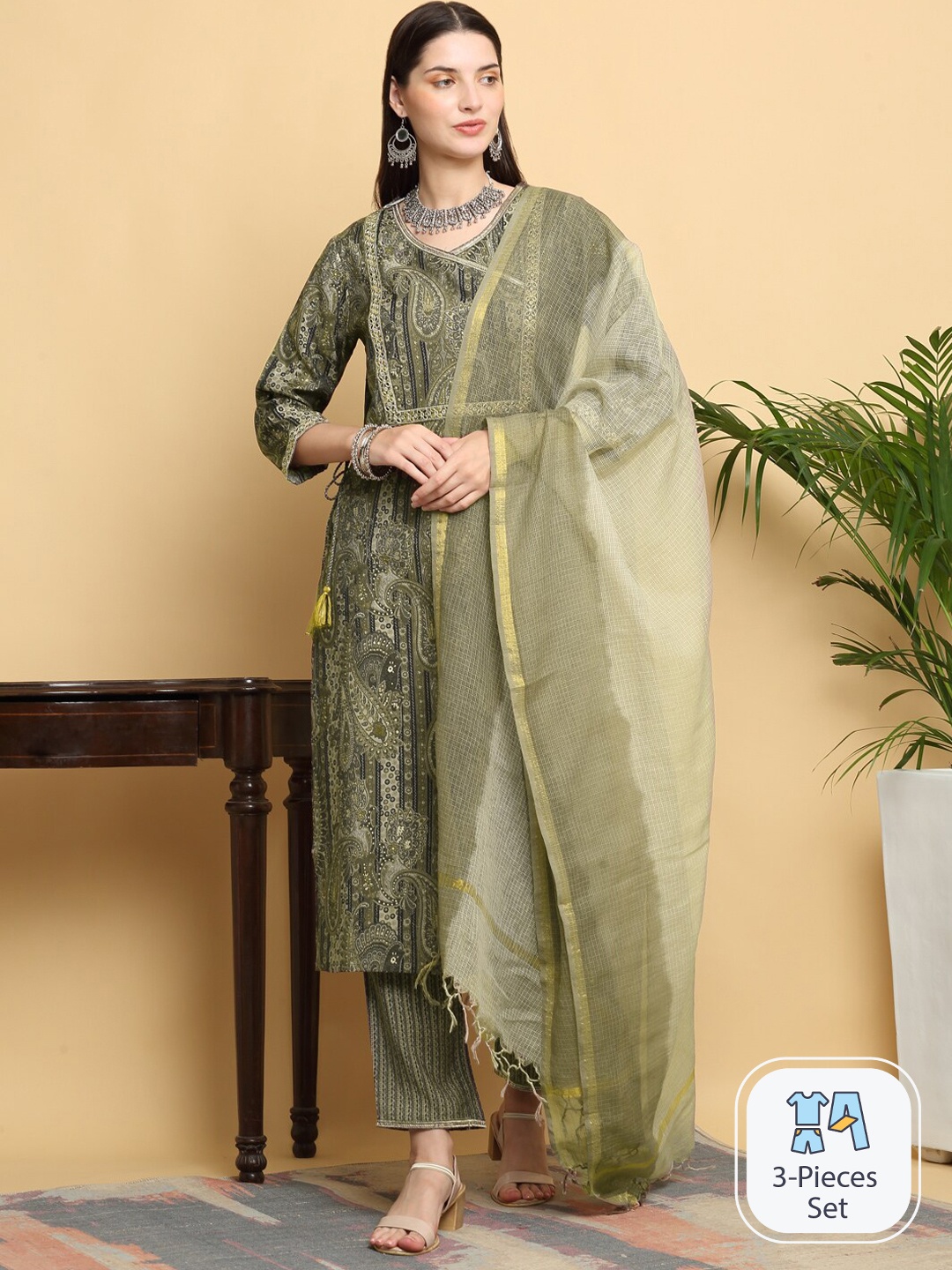 KALINI Paisley Printed Angrakha Thread Work Chanderi Silk Kurta With Trousers & Dupatta, Olive
KALINI Paisley Printed Angrakha Thread Work Chanderi Silk Kurta With Trousers & Dupatta, Olive