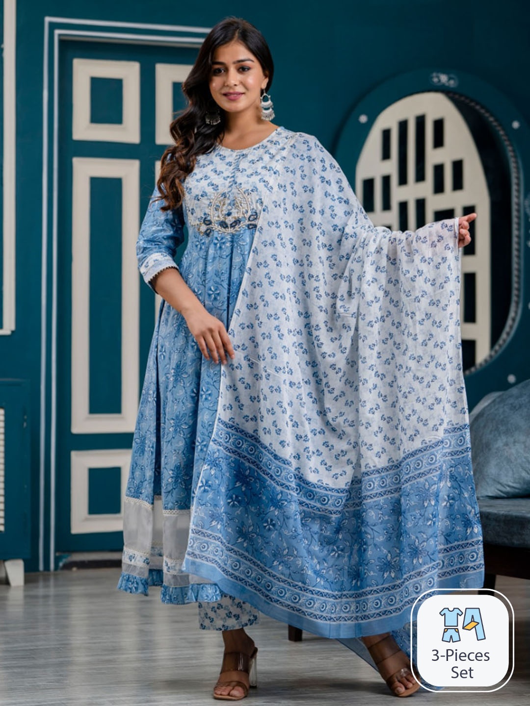 KALINI Floral Printed Thread Work Anarkali Pure Cotton Kurta With Trousers & Dupatta, Blue
KALINI Floral Printed Thread Work Anarkali Pure Cotton Kurta With Trousers & Dupatta, Blue