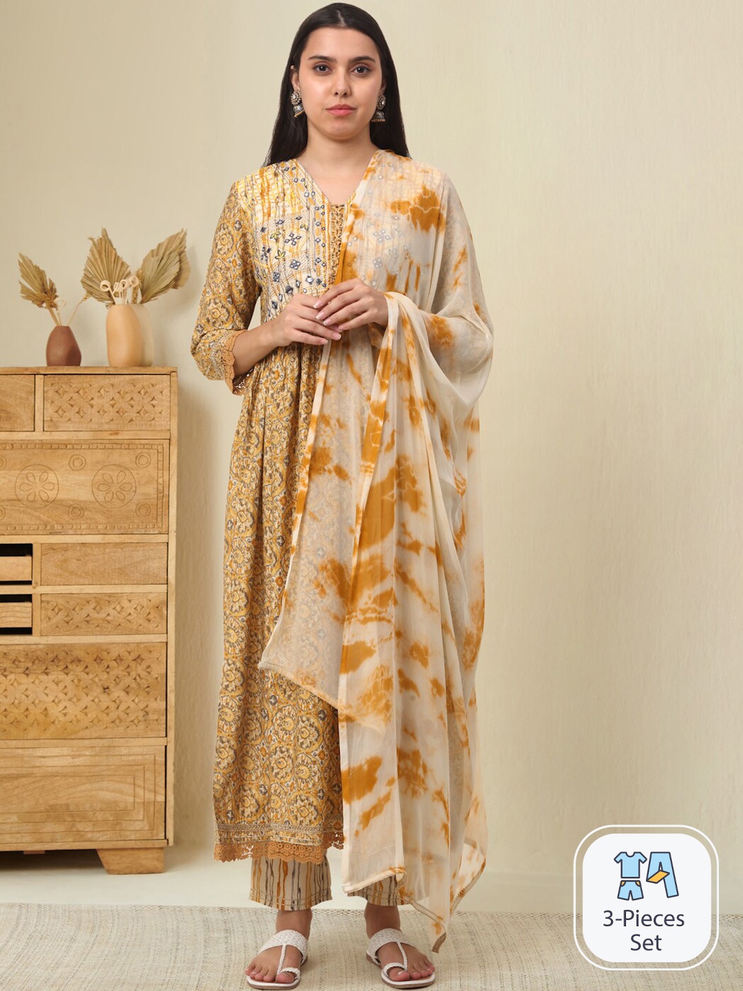 KALINI Ethnic Motifs Embroidered Mirror Work Chanderi Silk Kurta With Trousers, Mustard
KALINI Ethnic Motifs Embroidered Mirror Work Chanderi Silk Kurta With Trousers, Mustard