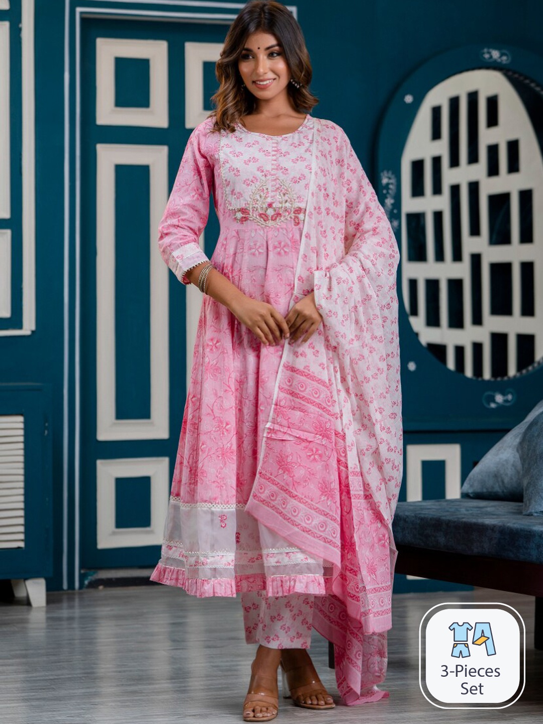KALINI Floral Embroidered Gotta Patti Pure Cotton Anarkali Kurta with Trousers & Dupatta, Pink
KALINI Floral Embroidered Gotta Patti Pure Cotton Anarkali Kurta with Trousers & Dupatta, Pink