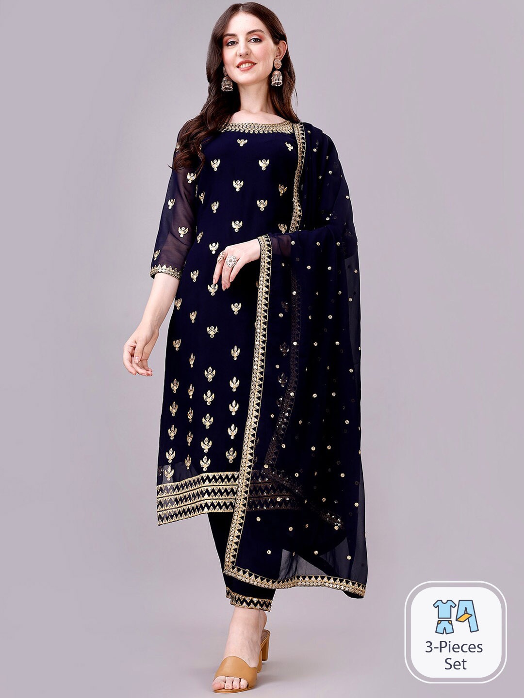 GORGONE Ethnic Motifs Embroidered Sequinned Kurta With Trousers & Dupatta, Blue