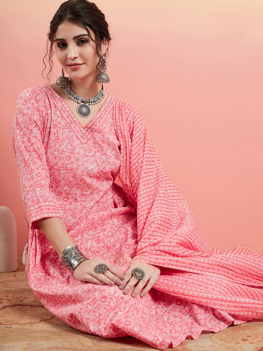 Sangria Pink Floral Printed Pure Cotton Beads & Stones A-Line Kurta With Salwar & Dupatta
Sangria Pink Floral Printed Pure Cotton Beads & Stones A-Line Kurta With Salwar & Dupatta