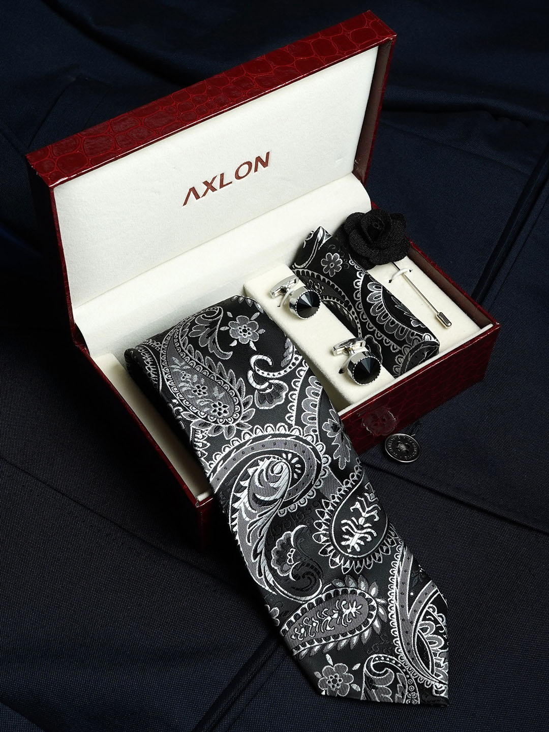 AXLON Set Of 4 Printed Necktie Pocket Square With Cufflink & Flower Pin Accessory Gift Set, Black
AXLON Set Of 4 Printed Necktie Pocket Square With Cufflink & Flower Pin Accessory Gift Set, Black