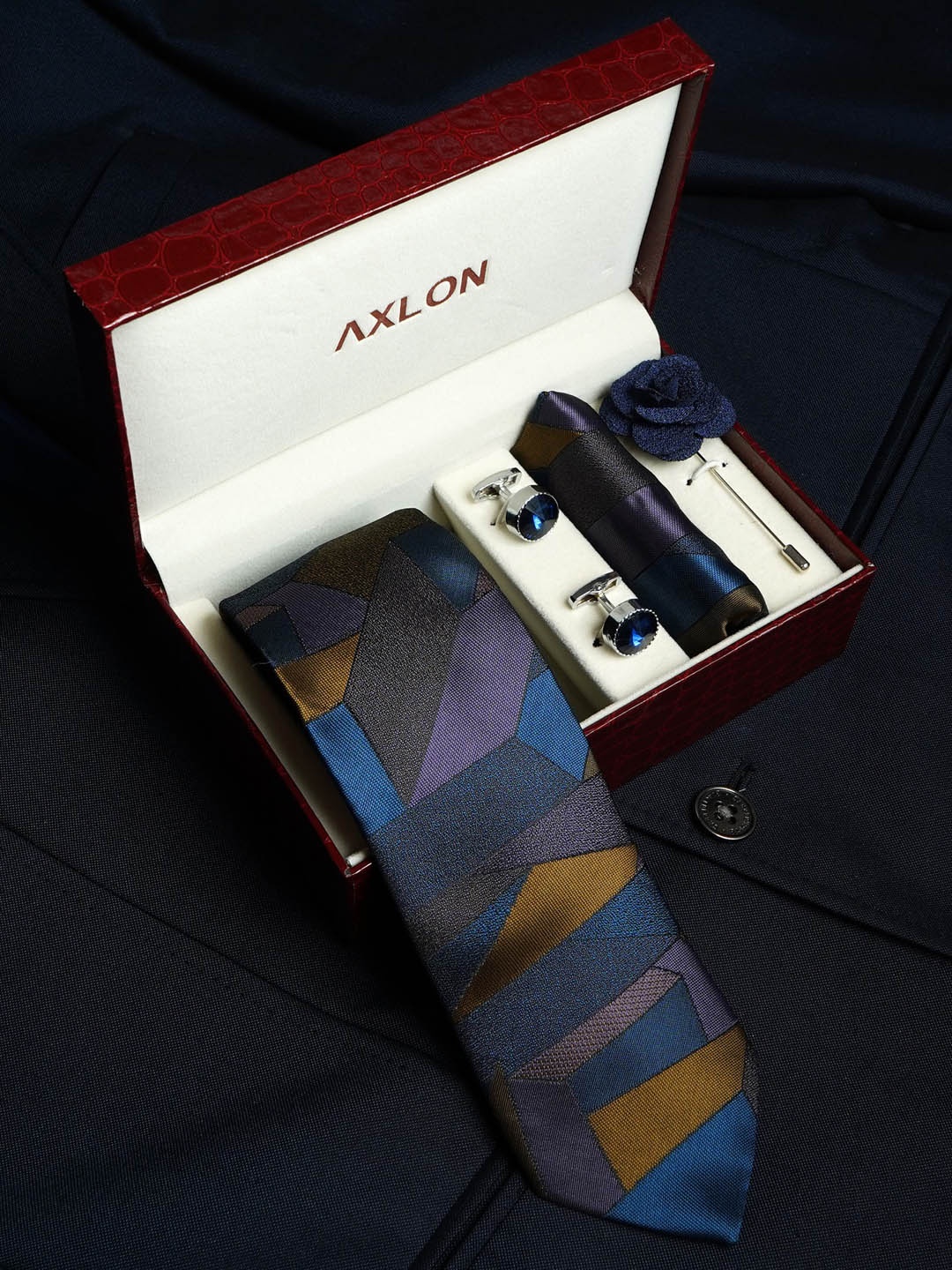 AXLON Men Geometric Design Tie Set With Pocket Square-Cufflink & Flower Pin, Navy blue
AXLON Men Geometric Design Tie Set With Pocket Square-Cufflink & Flower Pin, Navy blue