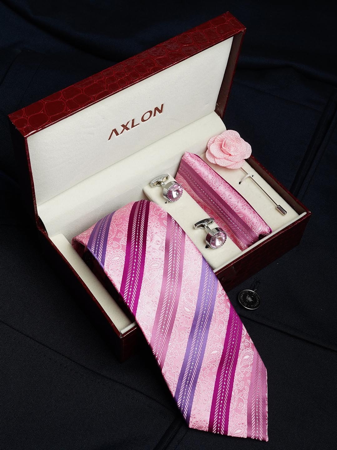 AXLON Men Striped Design Tie Set With Pocket Square-Cufflink & Flower Pin, Pink
AXLON Men Striped Design Tie Set With Pocket Square-Cufflink & Flower Pin, Pink