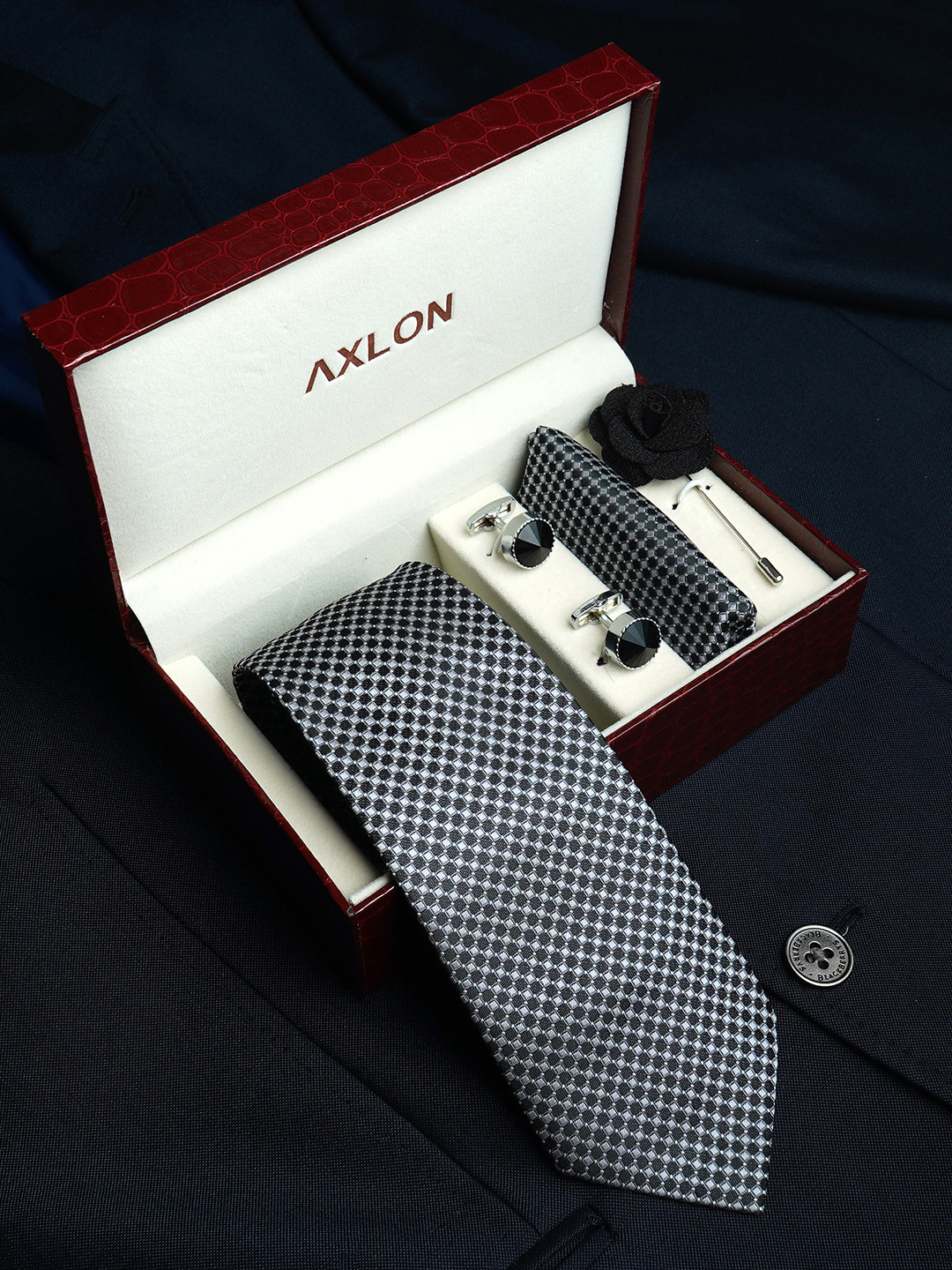 AXLON Set Of 4 Printed Necktie Pocket Square With Cufflink & Flower Pin Accessory Gift Set, Grey
AXLON Set Of 4 Printed Necktie Pocket Square With Cufflink & Flower Pin Accessory Gift Set, Grey