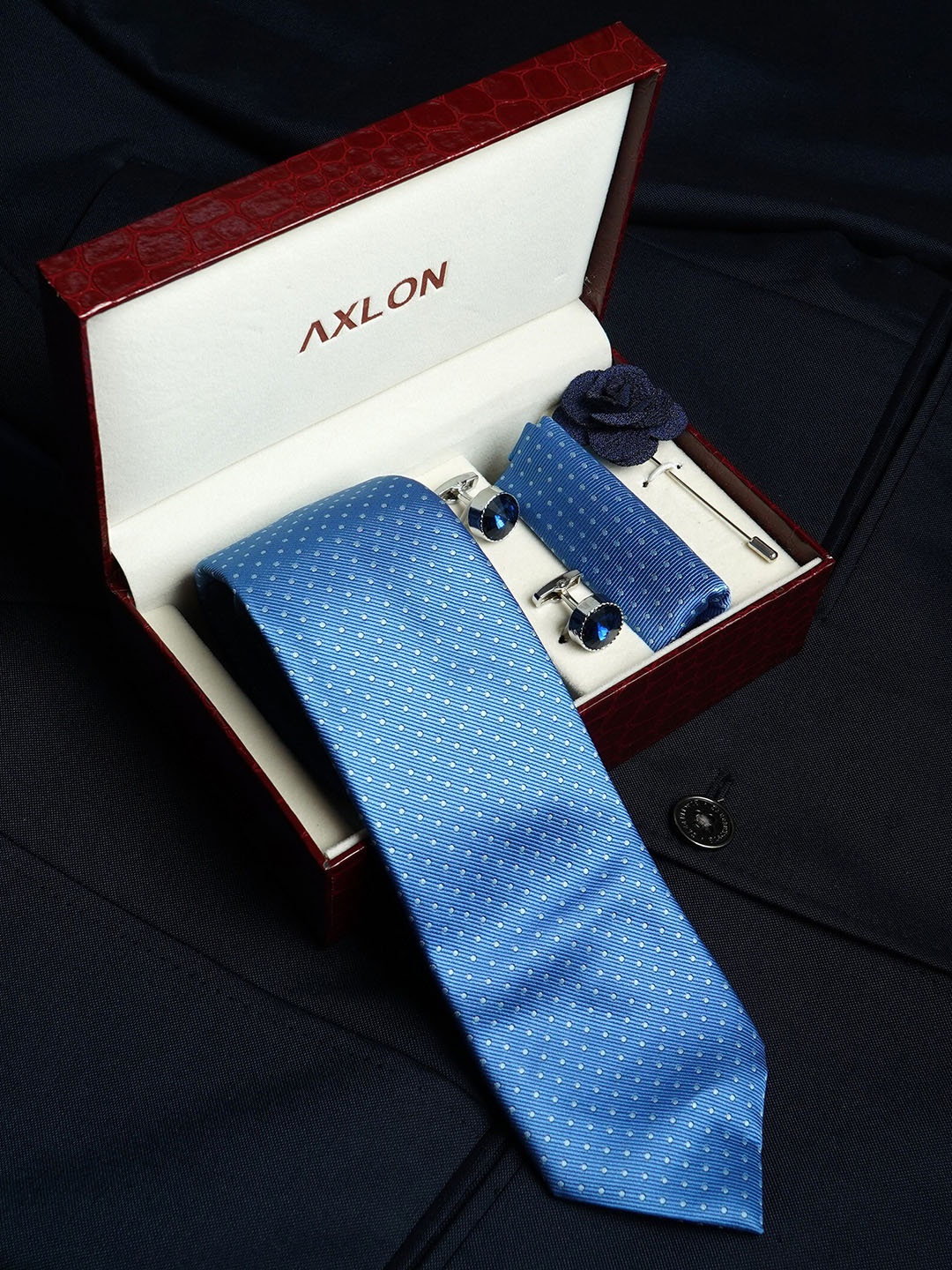 AXLON Set Of 4 Printed Necktie Pocket Square With Cufflink & Flower Pin Accessory Gift Set, Blue
AXLON Set Of 4 Printed Necktie Pocket Square With Cufflink & Flower Pin Accessory Gift Set, Blue