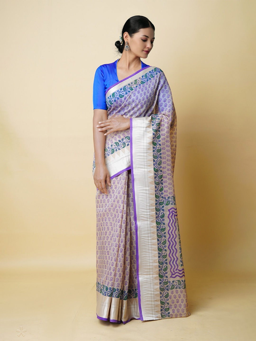 Unnati Silks Floral Printed Zari Silk Cotton Chanderi Saree, Cream