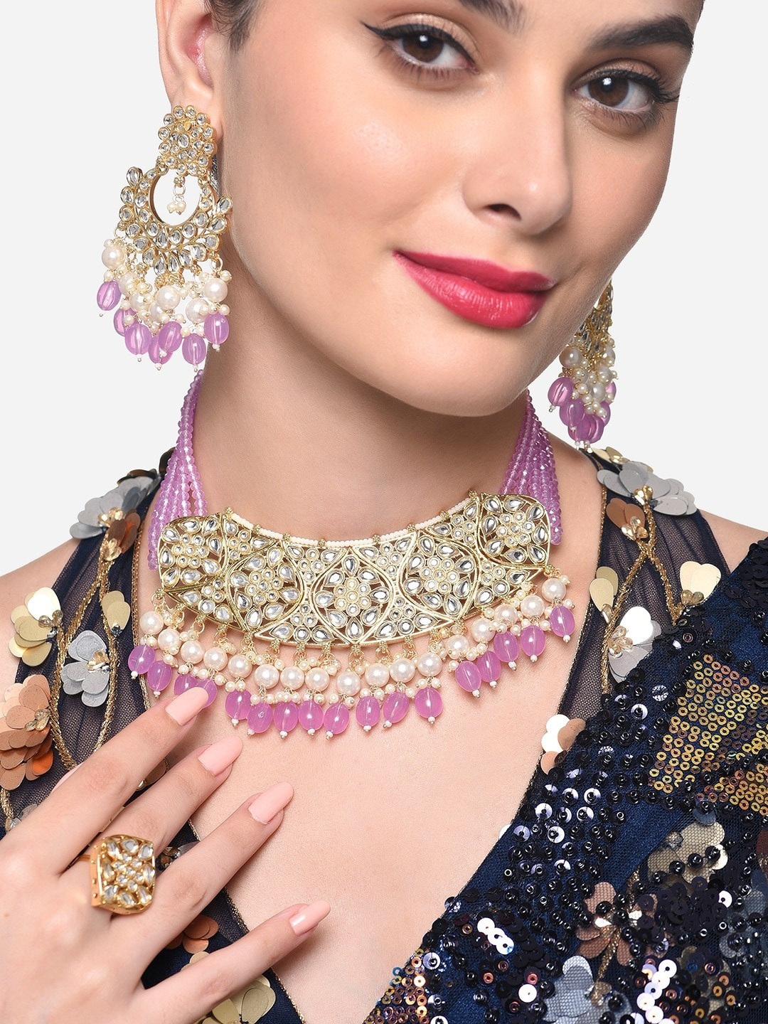 Zaveri Pearls Gold-Plated Kundan Studded & Beaded Necklace & Earrings With Finger Ring
Zaveri Pearls Gold-Plated Kundan Studded & Beaded Necklace & Earrings With Finger Ring