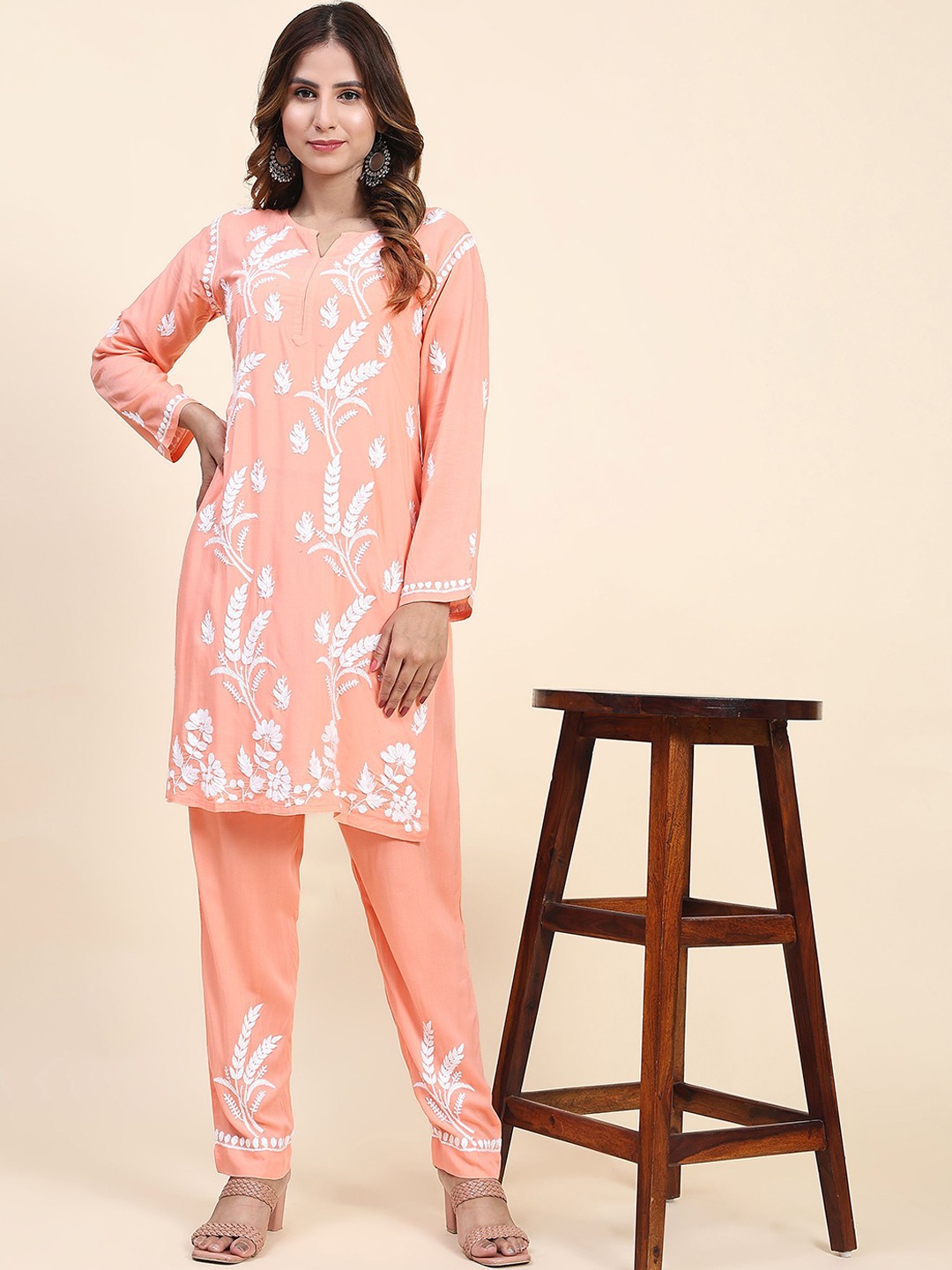 HOUSE OF KARI Floral Embroidered Chikankari Pure Cotton Straight Kurta With Trousers, Peach
HOUSE OF KARI Floral Embroidered Chikankari Pure Cotton Straight Kurta With Trousers, Peach
