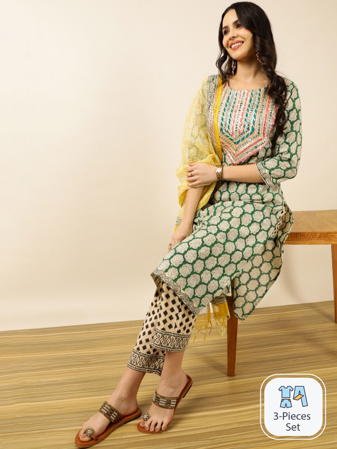 INDOKASH Floral Printed Gotta Patti Pure Cotton Kurta With Trousers & Dupatta, Green
INDOKASH Floral Printed Gotta Patti Pure Cotton Kurta With Trousers & Dupatta, Green