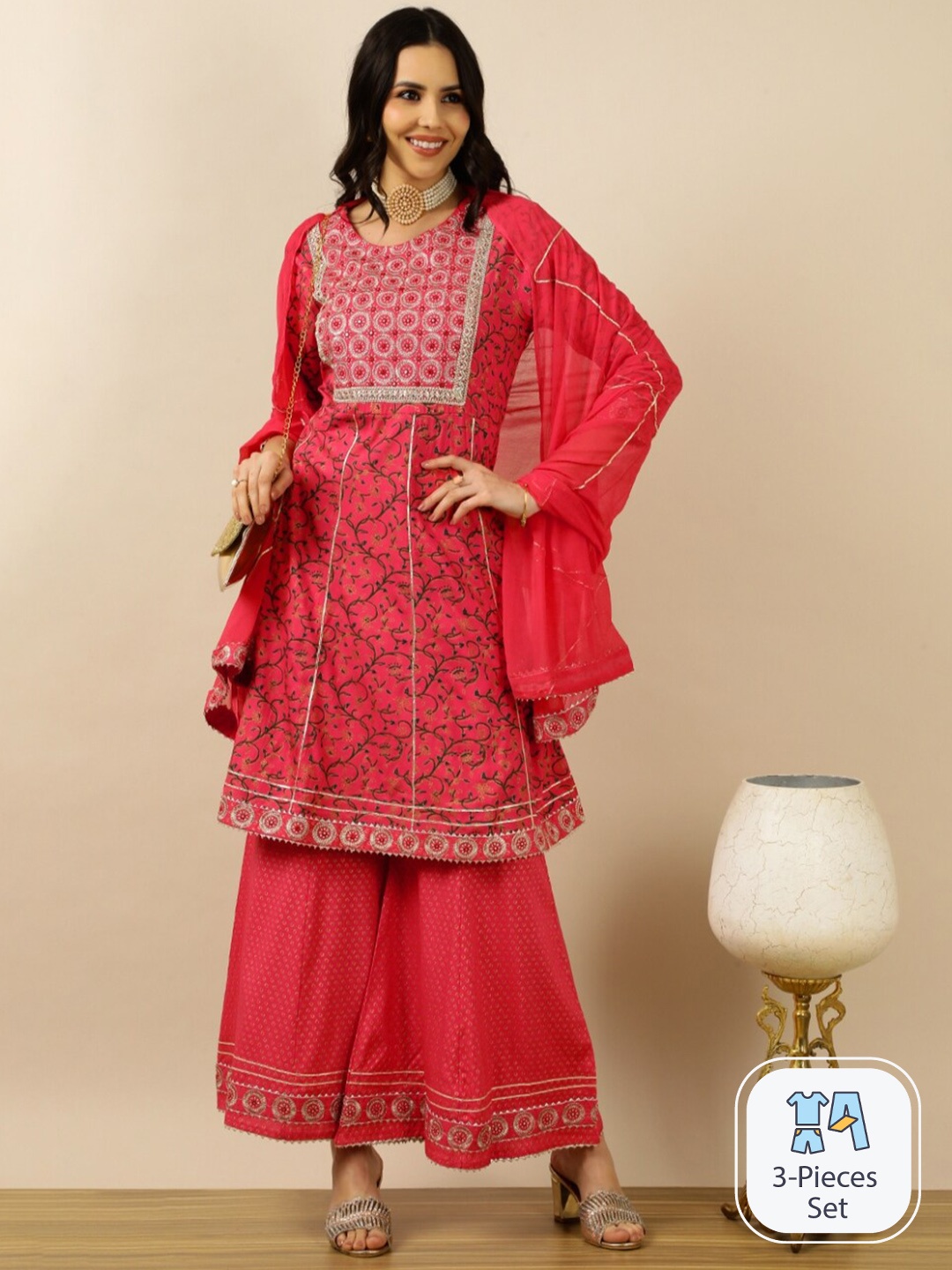 INDOKASH Ethnic Motifs Embroidered Mirror Work Anarkali Kurta with Palazzos & Dupatta, Pink
INDOKASH Ethnic Motifs Embroidered Mirror Work Anarkali Kurta with Palazzos & Dupatta, Pink