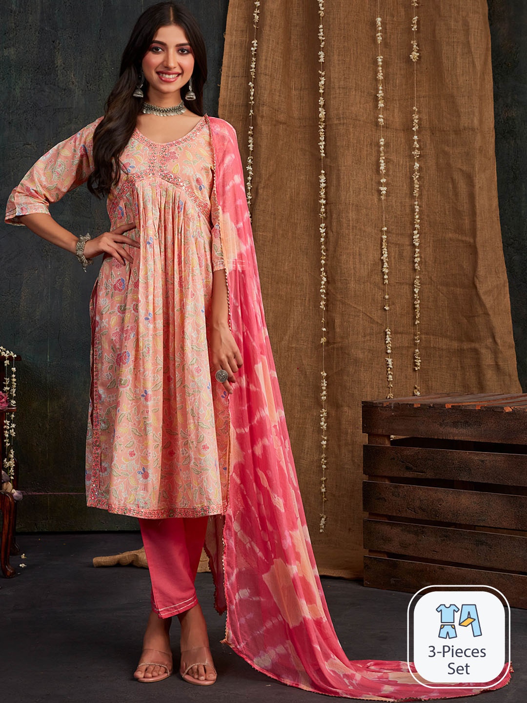 Ishin Floral Printed Thread Work Pure Cotton A-line Kurta & Trouser With Dupatta, Peach
Ishin Floral Printed Thread Work Pure Cotton A-line Kurta & Trouser With Dupatta, Peach