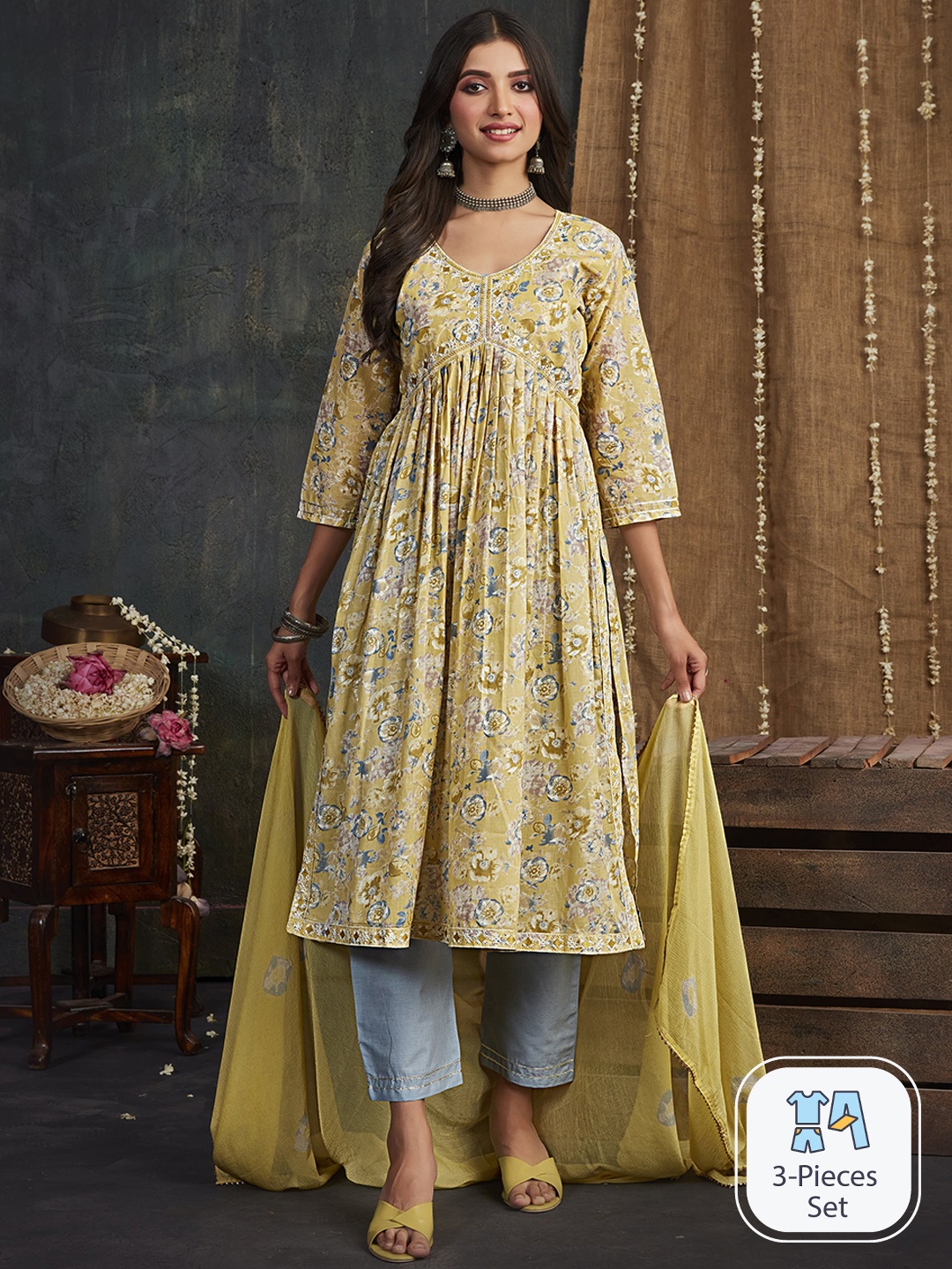 Ishin Yellow Floral Printed Thread Work Pure Cotton A-Line Kurta & Trousers With Dupatta
Ishin Yellow Floral Printed Thread Work Pure Cotton A-Line Kurta & Trousers With Dupatta